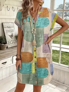 Plus Size Women's Geometric Print Notched V Neck Dress, Casual Fashion Long Sleeve a Line Skirt, Spring & Fall Clothing