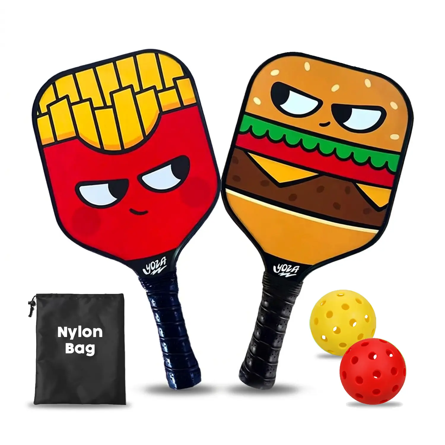 YOZA Burger & Fries Kids Pickleball Set with Fun Food-Themed Paddles and Green Balls for Engaging Play