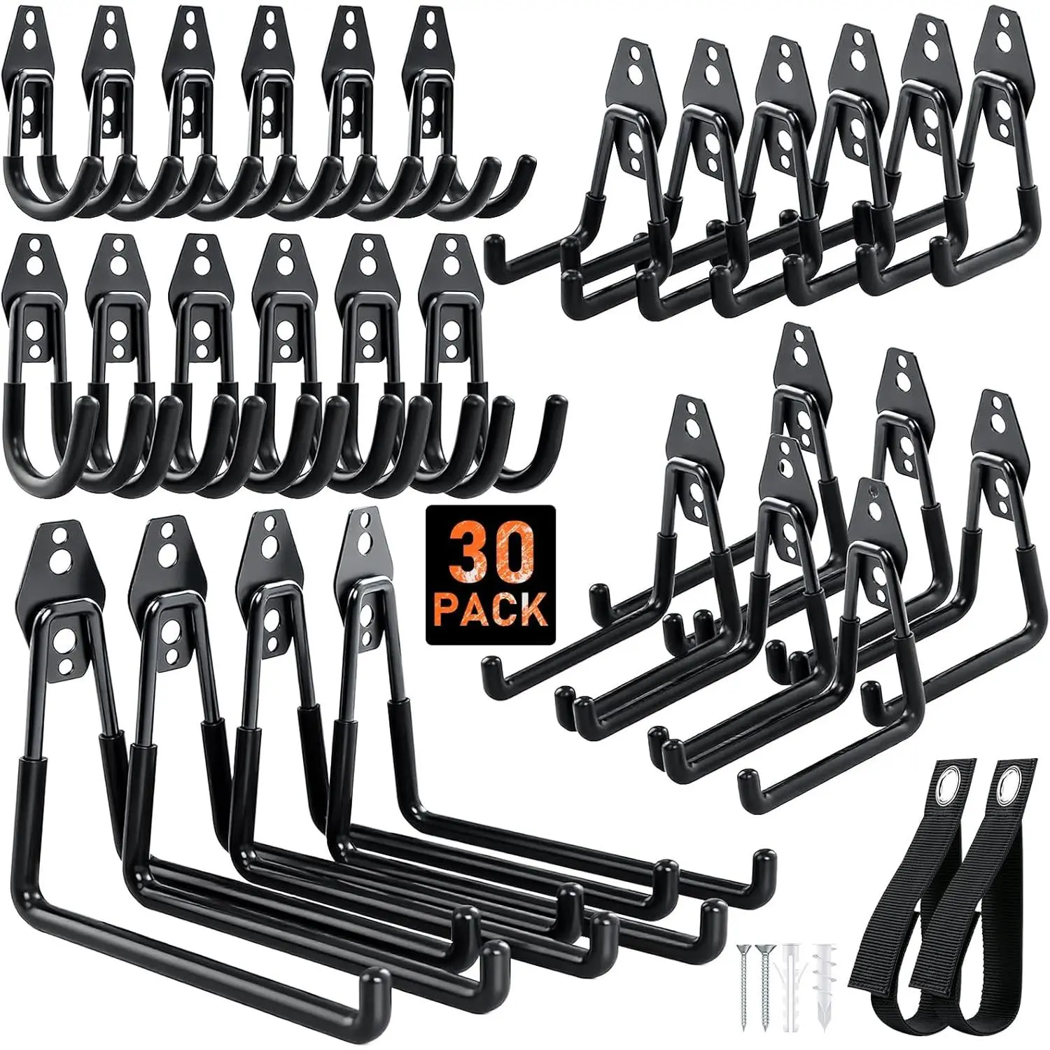 Steel Garage Hooks - 30Pack Anti-Slip Coating, Heavy Duty Wall Mount Hooks for Bikes, Garden Tools, Ladders, Hose, Bulk Items Ropes, Garage Tool Organizer with Extension Cord Wrap, Black