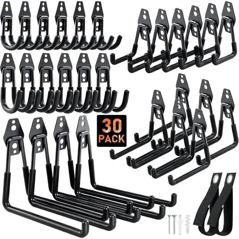 Steel Garage Hooks - 30Pack Anti-Slip Coating, Heavy Duty Wall Mount Hooks for Bikes, Garden Tools, Ladders, Hose, Bulk Items Ropes, Garage Tool Organizer with Extension Cord Wrap, Black