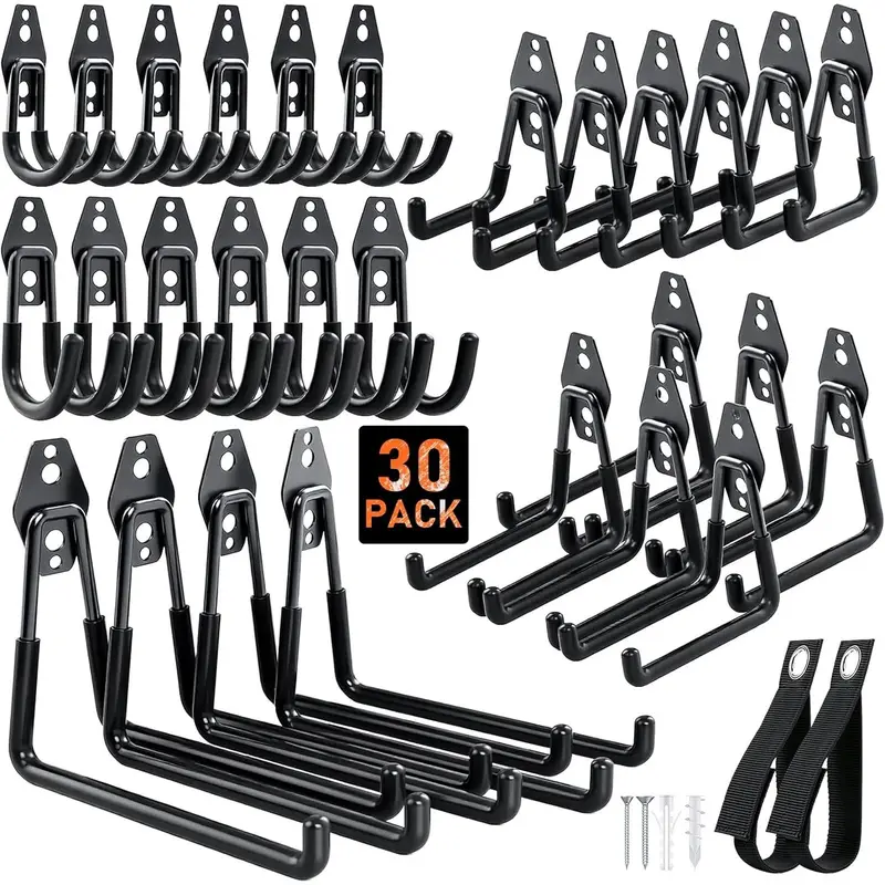 Steel Garage Hooks - 30Pack Anti-Slip Coating, Heavy Duty Wall Mount Hooks for Bikes, Garden Tools, Ladders, Hose, Bulk Items Ropes, Garage Tool Organizer with Extension Cord Wrap, Black