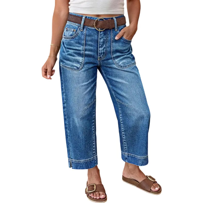 Flamingals Wash Patch Pocket Split Hem High Rise Straight Leg Crop Jeans Without Belt Stretchy 24.6'' Inseam