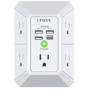 Wall Charger, Surge Protector, QINLIANF 5 Outlet Extender with 4 USB Charging Ports, 3-Sided 1680J Power Strip Multi Plug Adapter Spaced for Home Travel Office