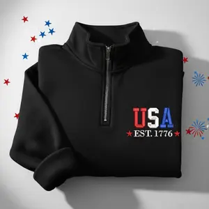 3D Puff Red White Blue USA 1776 Quarter Zip Sweatshirt, Embroidered Left Chest Patriotic 1/4 Zip Pullover, American Preppy Sweater
