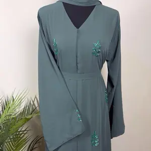 Laila Abaya Outfit with Embroidered Details and Long Sleeves for Women in Elegant Green Color Perfect for Eid and Ramadan