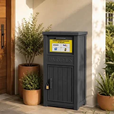 Outdoor Lockable Parcel Drop Box, Waterproof Anti-Theft Resin Package Delivery Box, Secure Package Storage for Porch Curbside Home Delivery, Black