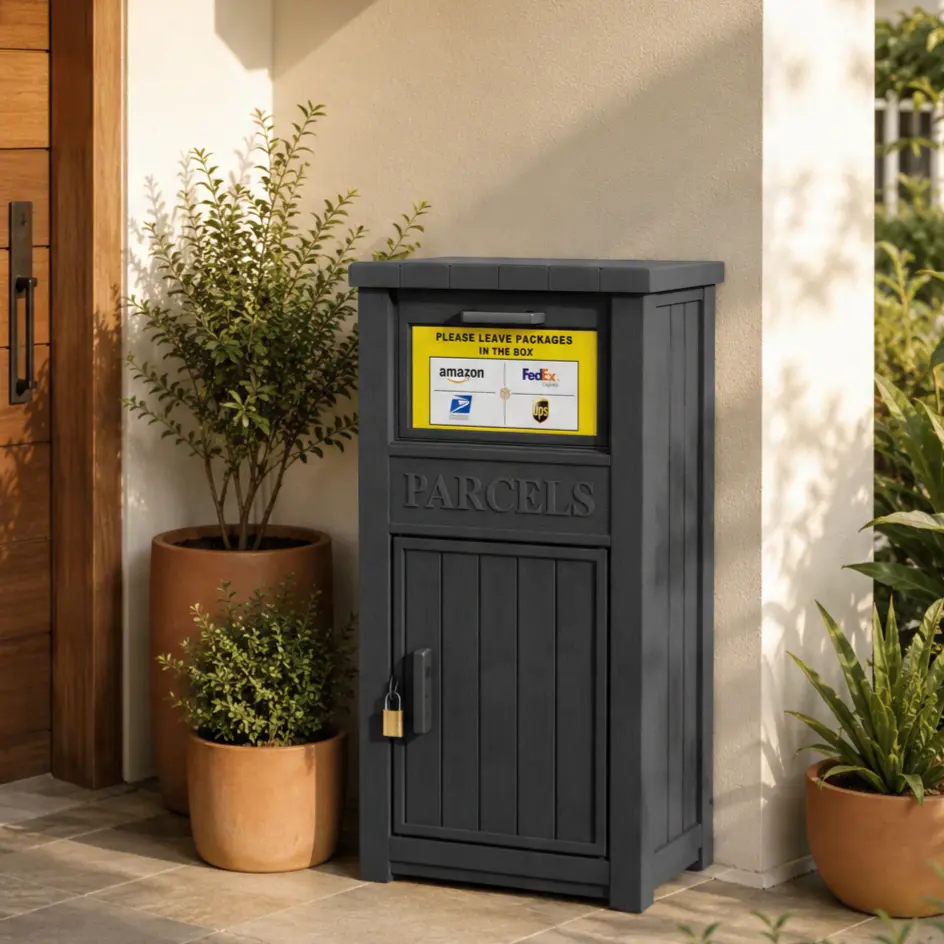 Outdoor Lockable Parcel Drop Box, Waterproof Anti-Theft Resin Package Delivery Box, Secure Package Storage for Porch Curbside Home Delivery, Black