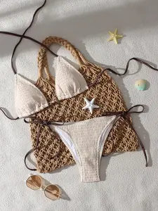 Two-Piece Set Women's Shirred Bikini Set, Casual Fashion Halter Neck Tie Back Triangle Swim Bra & Tie Side Swim Panty, Ladies Summer Swimsuit for Beach Holiday Vacation