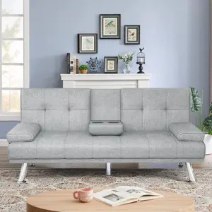 Derzers 66" Modern Wood Convertible Futon Frame with Cupholders, Light Gray