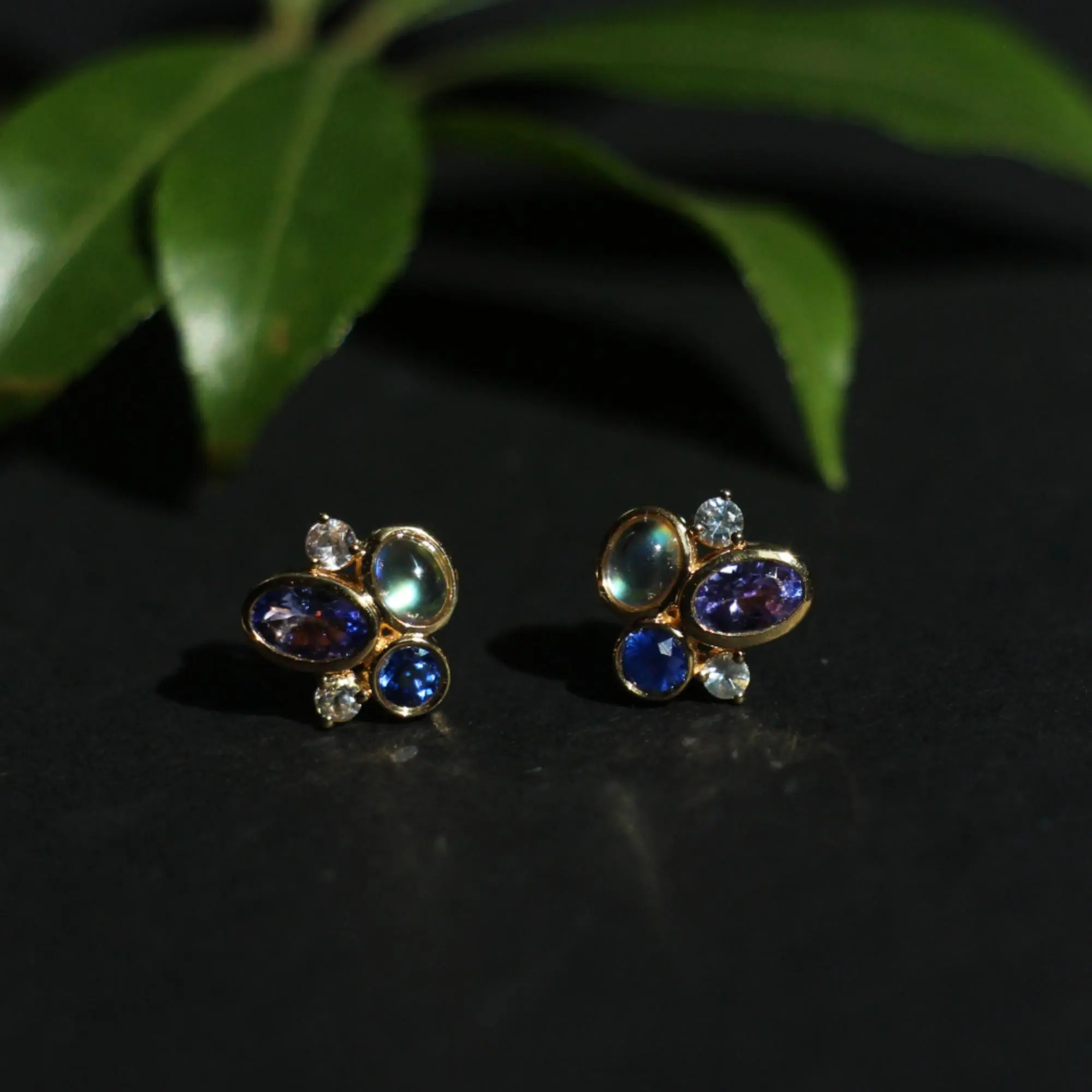 Solid 18K Gold Sapphire Tanzanite Moonstone Stud Earrings – Natural Gemstone Jewelry, Elegant Everyday Studs, Handmade Luxury Gift for Her