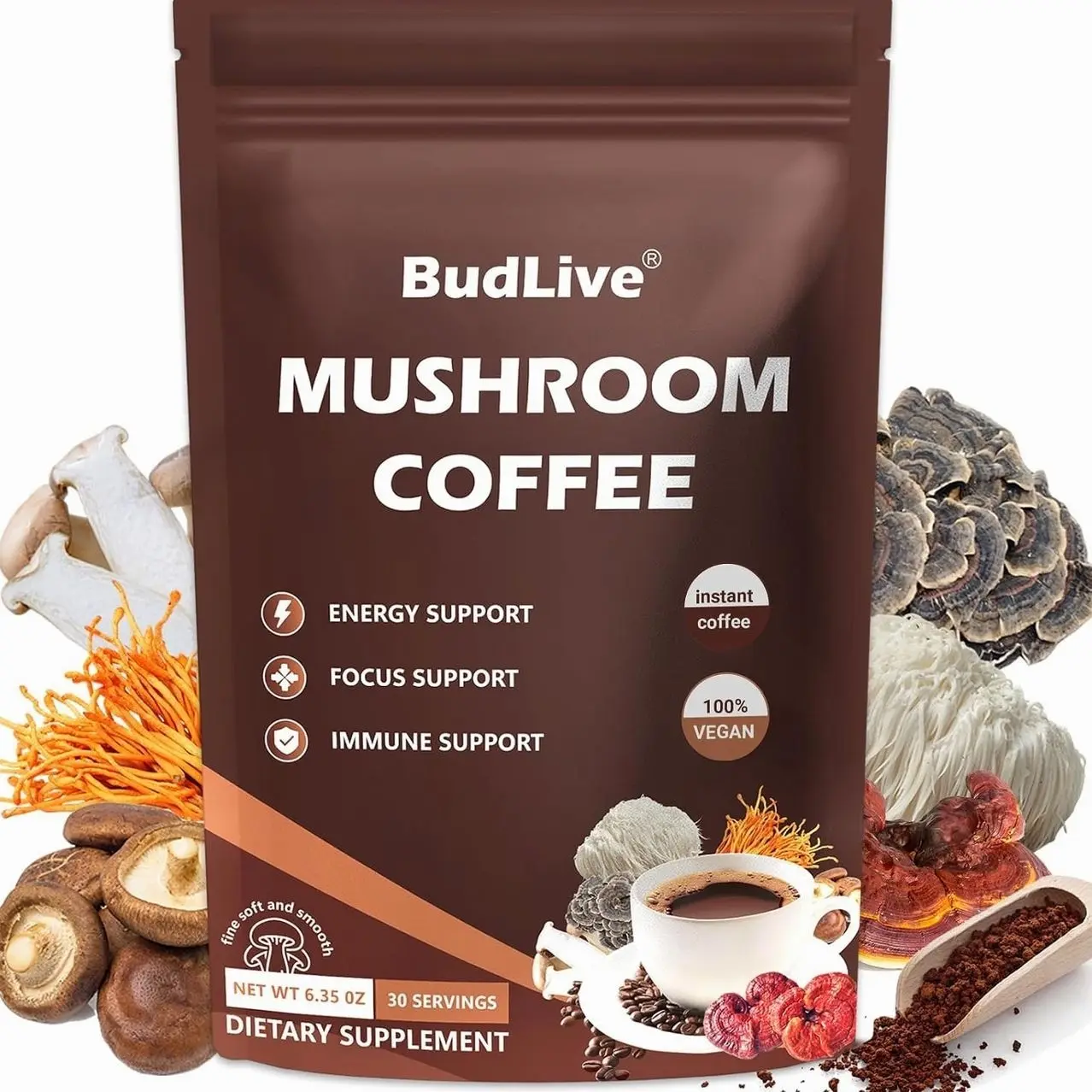 Mushroom Coffee with Lion's Mane, Reishi & Cordyceps – 6 Mushroom Adaptogen Blend for Focus, Energy, Digestion & Immune Support, Low Acid Instant Coffee Powder, 30 Servings