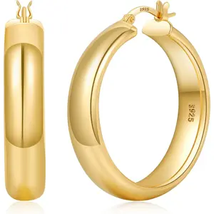 8mm Wide Chunky Gold Hoops 14K Real Gold Plated Hypoallergenic 925 Sterling Silver Hoops Lightweight Big Hoop Earrings for Women 30/40/50/60mm
