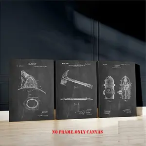 3-piece set/Fire hydrant blueprint wall art decoration, firefighter hat design canvas print, axe invention picture wall art, patent picture art print, blackboard background painting, historical engineering design artwork, home decoration, frameless