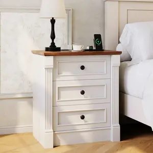 Farmhouse Rustic Nightstand with Charging Station & 3 Drawers, 23.6" Wide Wood Bedside Table with Roman Column Design, End Table with Storage for Bedroom Living Room, White