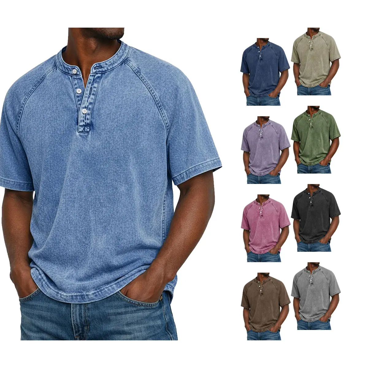 Men's Cotton Acid Wash Henley Shirt, Vintage Short Sleeve T-Shirt, Loose Fit Baggy Workout & Casual Streetwear Tees