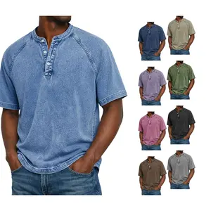 Men's Oversized Cotton Acid Wash Henley Shirt, Vintage Short Sleeve T-Shirt, Loose Fit Baggy Workout & Casual Streetwear Tees