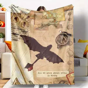 Vintage Dragon Adventure Flannel Blanket， Map Compass and Flying Dragon Print， Soft Warm Cozy Lightweight Throw for Sofa Bedroom Office Travel Camping Gift Decor tiktokshopspringglowup