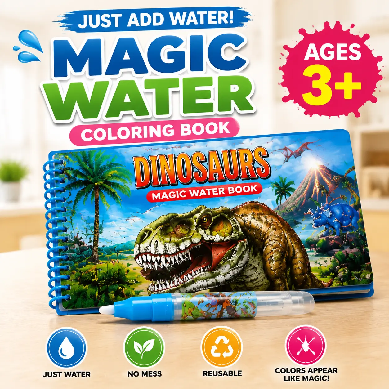 Keep Kids Away From Screens! Reusable Dinosaur Magic Water Coloring Book with Water Pen, Mess-Free Painting Activity, No Stains, No Ink, No Waste, for Boys & Girls, Reusable Water Painting Book, Educational Travel Toy Gift for Toddlers Ages 3-6