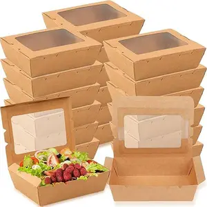 Disposable Kraft Paper Food Boxes - 50-Pack Leak-Proof, Customizable Takeaway Containers with Transparent Window, Business Kitchenware for Restaurants (Print Option Available)