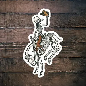 Skeleton Cowboy Riding Skeleton Horse Sticker, Skeleton Rider, Cowboy Skull, Halloween Sticker, Laptop Water Bottle Decal Sticker