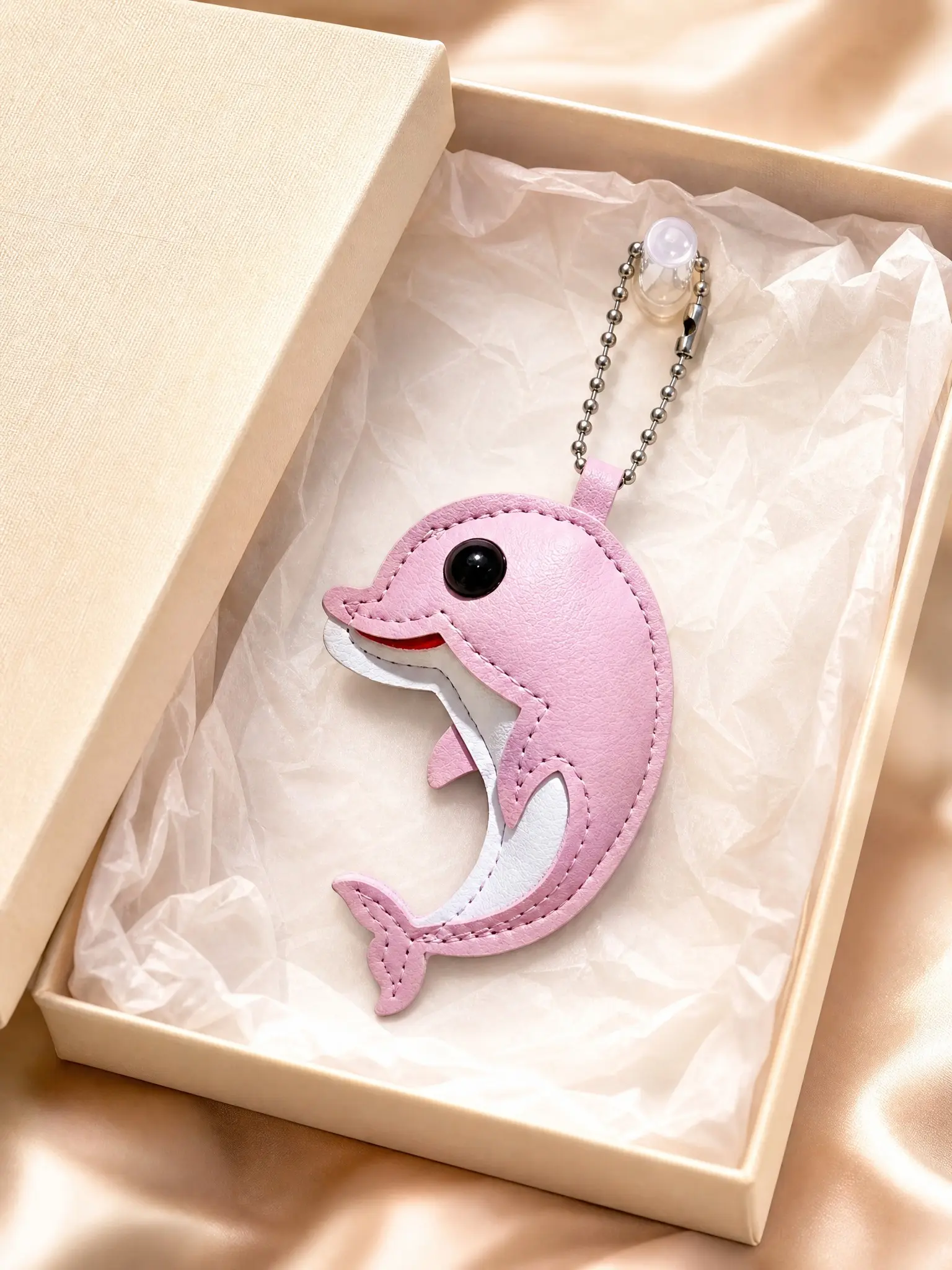 Cute Dolphin Pendant Keychain, PU Leather Bag Charm, Cartoon Dolphin with Bead Chain, Fashionable Accessory for Women and Girls