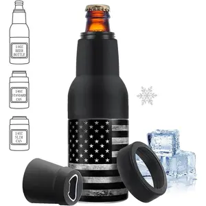 14 oz.  Bottle and Can Cooler with  Opener,3 in 1 Slim Can  Bottle Insulators Holder, Stainless Steel Double Walled Insulated Can Cooler for ,Soda, Black Flag