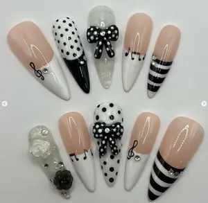 Elegant Music Bow Press On Nails, Black White Polka Dot Treble Note Nail Art, Nude Stripe French Nails with 3D Flowers & Crystals