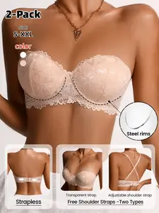 Women's Sexy Lace Balconette Bralette, Push-Up Invisible Cup, Medium Support, Transparent Straps, All Seasons, Fitted Design