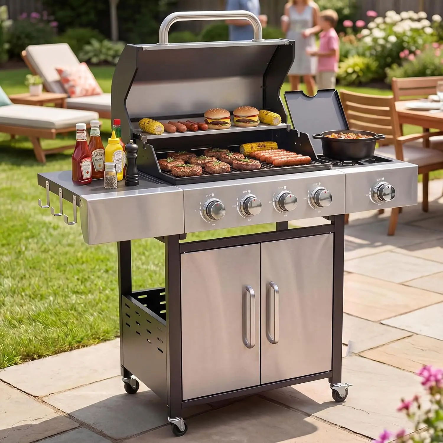 Jolydale Sturdy 4-Burner Propane Gas Outdoor Barbeque Grill, 49000 BTU Rust-Resistant Stainless Steel Grill with Detachable Side Burner, Square Cast Iron Grates, Oil-Resistant Side Tables for Backyard Family Gatherings (Silver, No Flimsy Attachments), Bar
