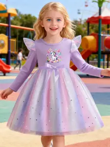 Girls' Dreamy Unicorn Butterfly Print Long Sleeve Dress, Gradient Star Moon Mesh Skirt, Sweet Princess Style, 1-8 Years
