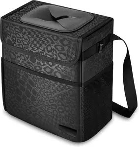 Cute  Trash Can with Lid  Multipurpose Collapsible Trash Bin for , Leak-Proof Organizer,  Garbage Can with Storage Pockets & Adjustable Straps, 2 Gallons (Black Leopard)