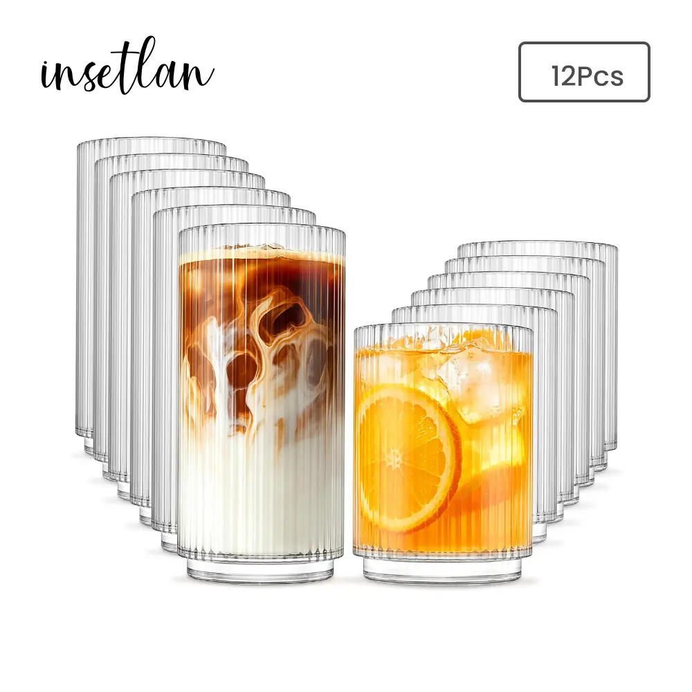 INSETLAN Ribbed Drinking Glasses Set of 12 – 6 Highball Glasses 12oz, 6 Rocks Cocktail Glasses 8oz – Everyday Glassware, Glass Cups for Iced Coffee, Cocktails, Whiskey, Water & Beer, Stackable