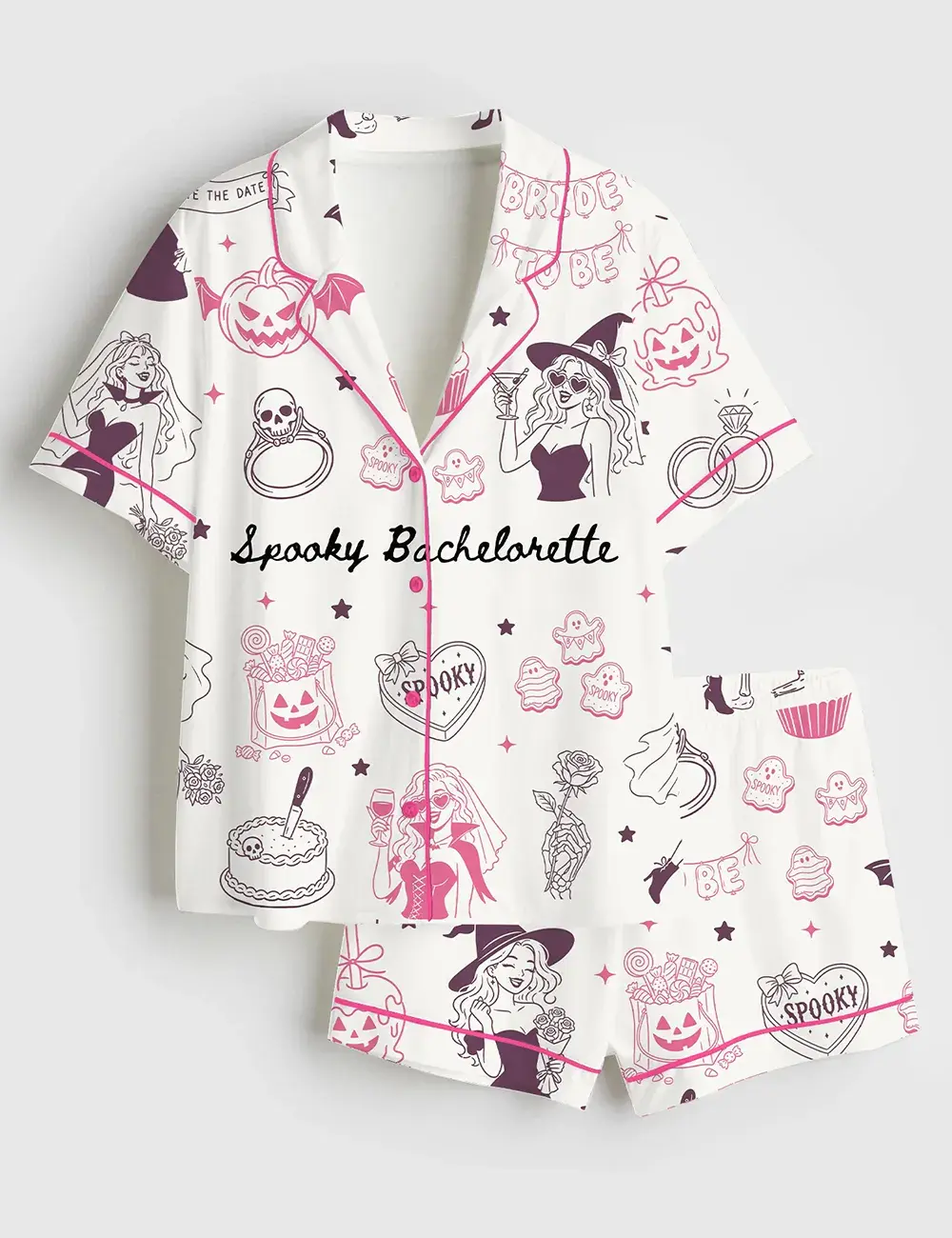 Women’s Halloween Spooky Bachelorette Short & Long Sleeve Silky Satin Pajama Set