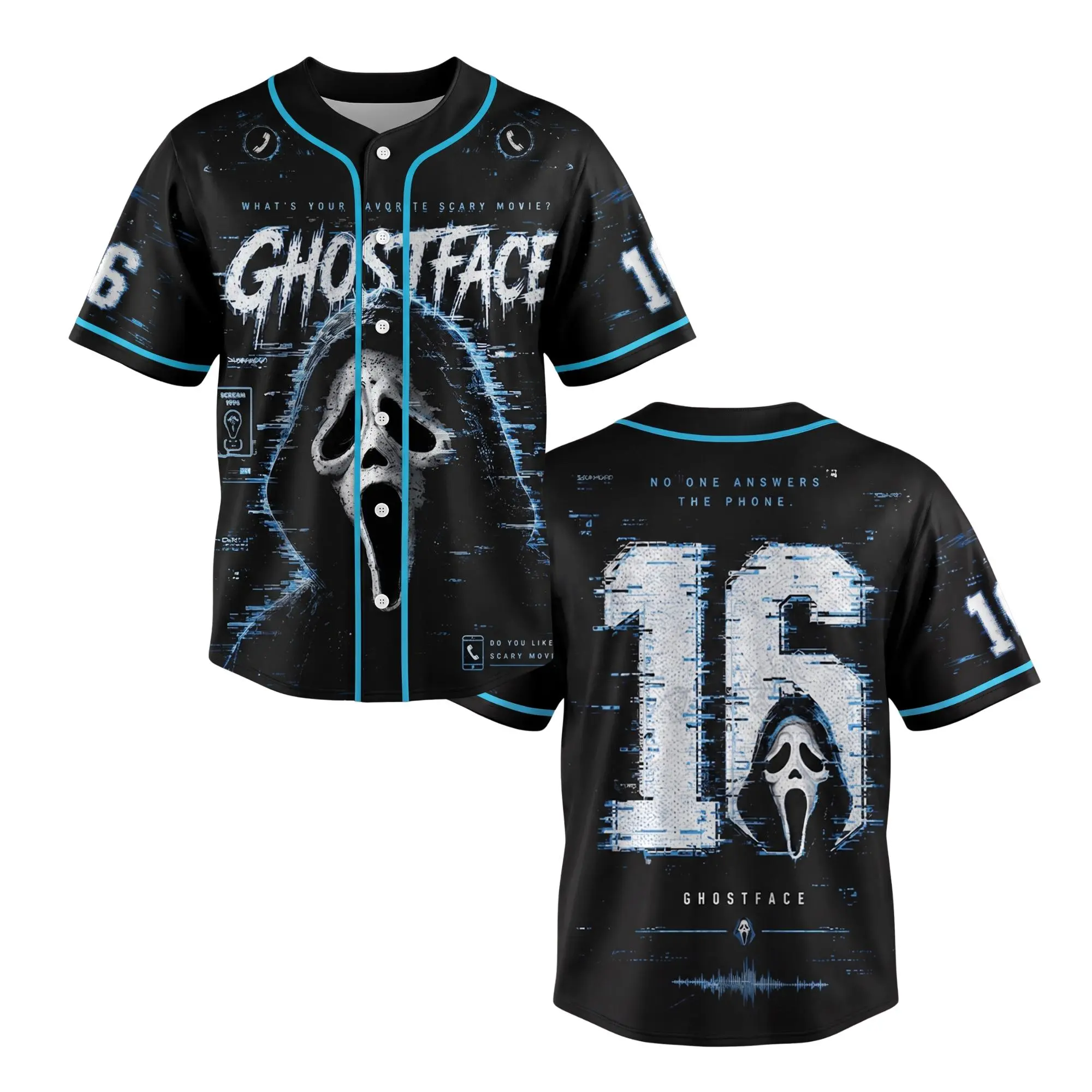 Men's Ghost Mask Print 'Scary Movie' Short Sleeve Baseball Jersey, Gothic Slasher Polyester Piqué Fabric Regular Fit Breathable Button-Up Top, Halloween Sporty Chic Streetwear