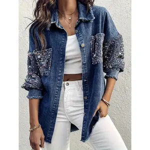 Oversized Contrast Color Lapel Sequin Long Sleeve Fringe Hem Denim Jacket Casual Coat