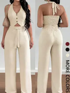 Women's  Halter Crop Top & Wide-Leg Pants Set, Comfortable Woven Material & Halter Neck Design & Smocked Back & Tie-Waist Silhouette，Womenswear, 2pcs