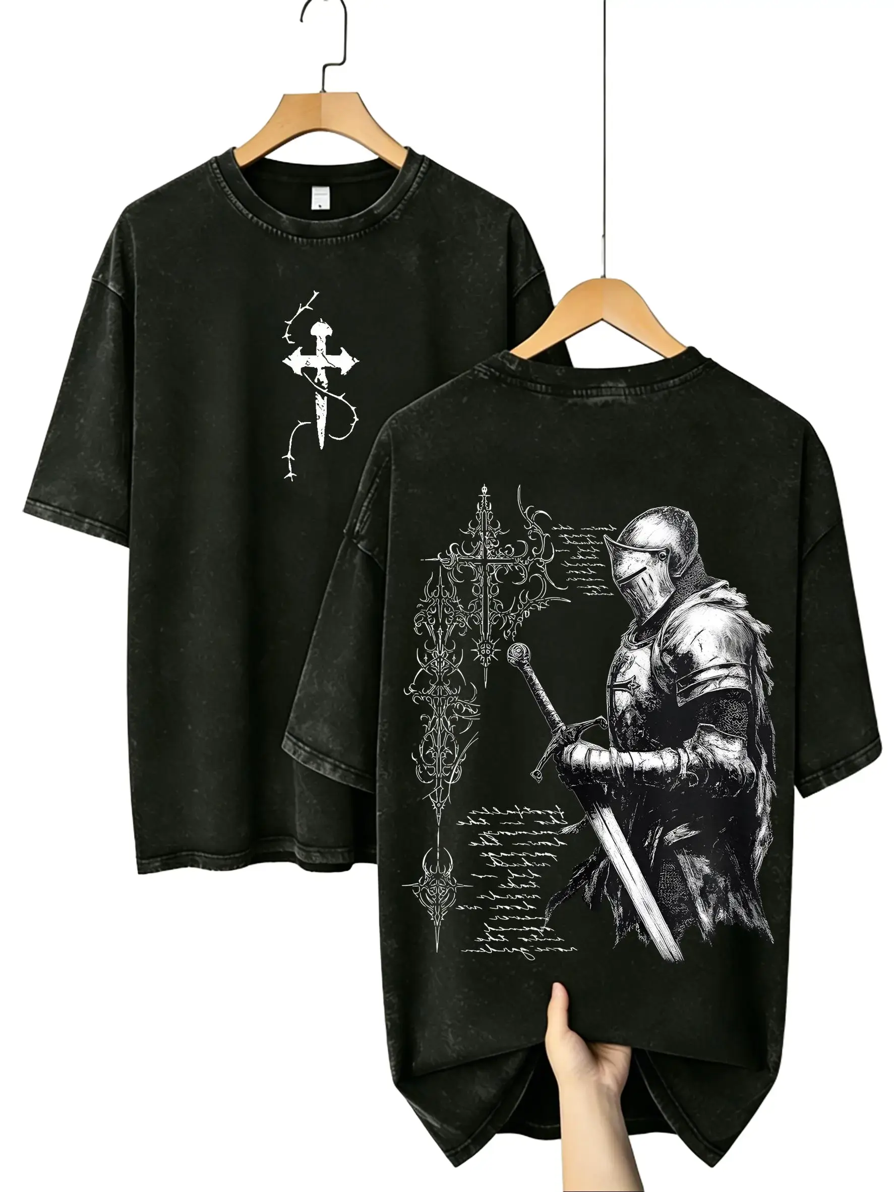 Men's Loose Fit Graphic T-Shirt in Heavyweight 100% Cotton, Christian Knight Medieval Print with a Retro Washed Finish