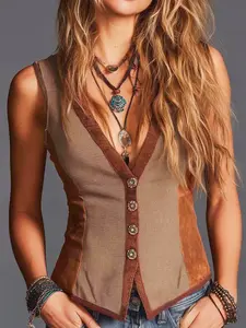 Women's Fashion Vintage Bohemian Patchwork Faux Leather Lightweight Vest Jacket Sleeveless Open Front Top, Chic Stylish Casual Spring Outerwear, Womenswear