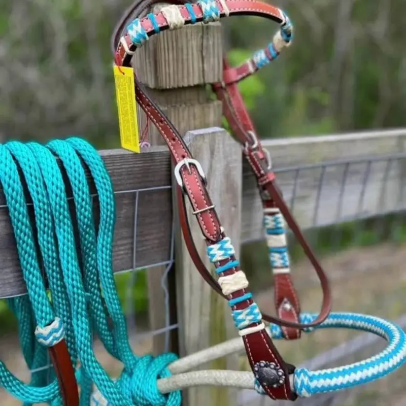 Complete Teal Bosal Bitless Bridle Set Rawhide Bosal and Teal Mecate Rein