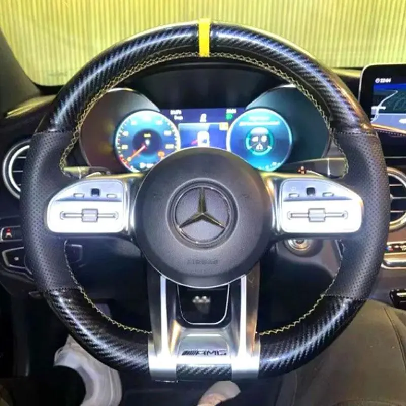 For Mercedes Benz AMG CLA CLS GLB GLE W177 W167 R190 W205 Hand Stitched carbon fiber Genuine Leather Car Steering Wheel Cover