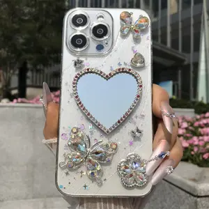 Rhinestone Butterfly Decor Phone Case, Handmade Mirror Phone Protective Cover, Phone Accessories Compatible with iPhone 16 15 14 13 12 Pro Max