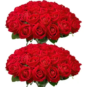 QUNWREATH Decorative Artificial Flowers, 12/24/48 PCS Fake Velvet Silk Red Roses with Long Stems, Realistic Bouquet for Wedding Centerpieces & Home Table Decor, Artificial Artificial Flowers