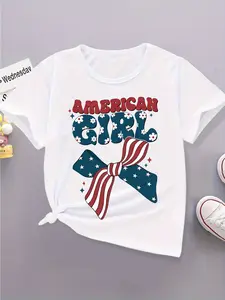 American Girl Graphic Cotton T-Shirt – Patriotic Stars &amp; Stripes Design with Red, White, and Blue Accents – Comfortable Round Neck Short Sleeve Top for Girls, Perfect for Home