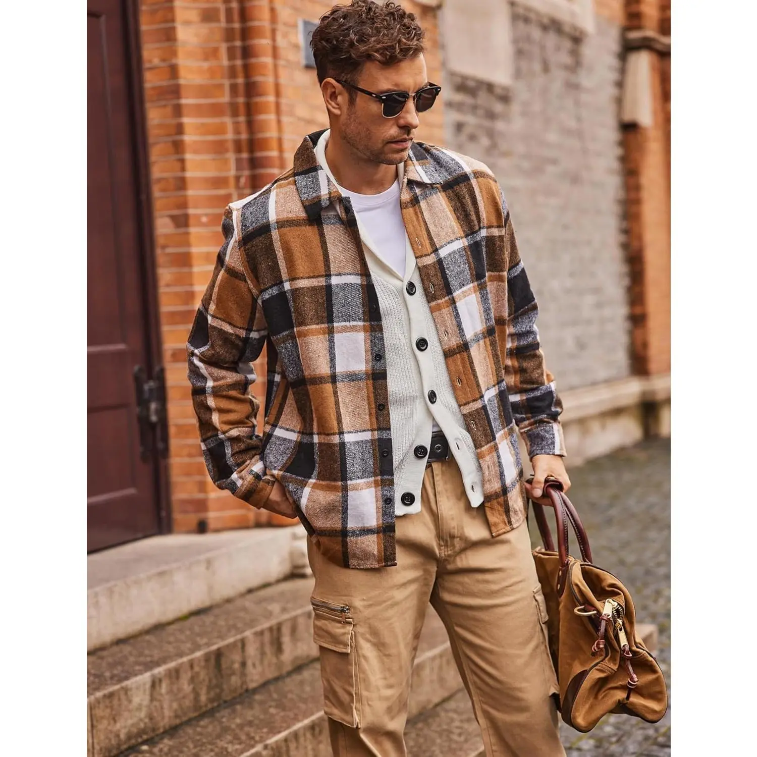 Men's Classic Plaid Flannel Shacket - Casual Long Sleeve Button-Down Shirt Jacket with 7-Buttons Closure, Lightweight Checked Top for Fall Outfits, Working Husbands' Menswear