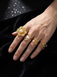 4-Piece Set Women's Vintage Flower Design Cufflinks Rings, Adjustable Pearl Style Rings, Fashionable Party & Daily Wear Jewelry