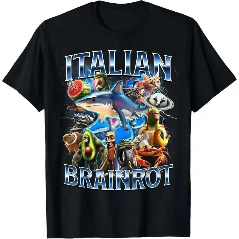 Men's Italian Brainrot Graphic Cotton Short-Sleeve Crew Neck T-Shirt - Slim-Fit American-Cut, Funny Vintage Black Casual Top with Double Pleats, Bright Print, Breathable All-Season Cold-Wash Streetwear Birthday Gift, Shortsleeve