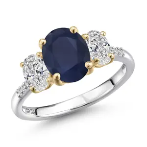 Gem Stone King 3.26 Cttw Blue Sapphire and White Lab Grown Diamond Engagement Ring For Women | 925 Silver and 10K Yellow Gold | Oval 9X7MM | Wedding Engagement Anniversary Promise Ring