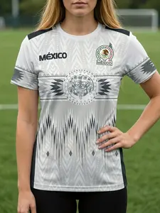 Women's Retro Mexico Aztec Graphic Jersey, Sporty Style Loose Fit Design, Ideal for Match Day & Casual Wear