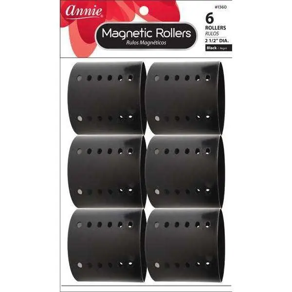 Annie 2.5-Inch Jumbo Magnetic Hair Rollers, 6-Count Black Snap-On Curlers, Heatless Haircare Styling Tool for Smooth Defined Curls & Waves, Compatible with Pins/Clips for Dry/Damp Hair