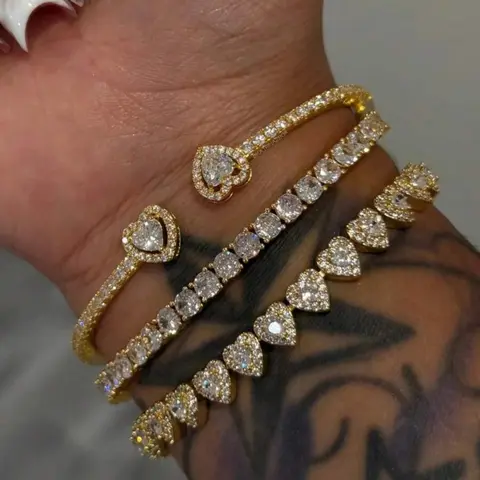3-Piece Gold-Tone Heart Bangle & Tennis Bracelet Set, Cubic Zirconia Heart Charm Bracelets & Bangle, Stack Bangles, Stackable Layered Jewelry, Trendy Daily Wear, Ideal Gift for Party, Anniversary & Birthday